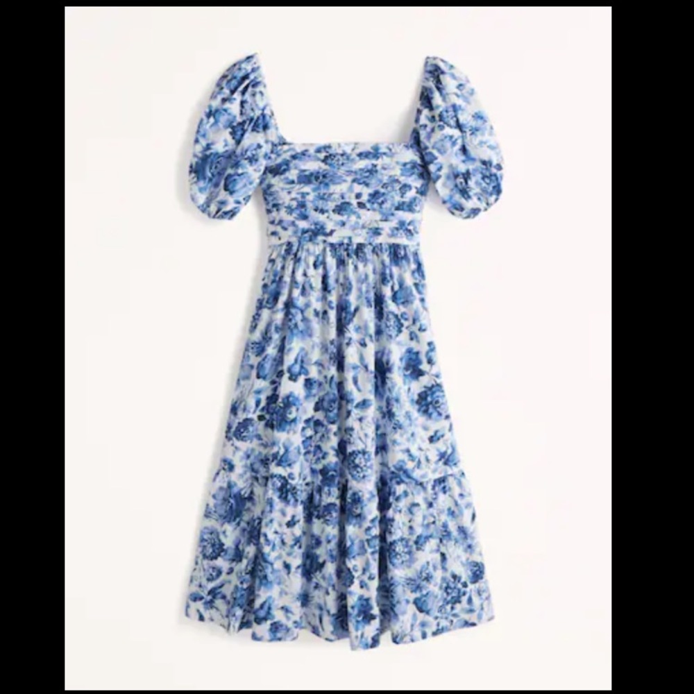 Abercrombie & Fitch Size XL Ruched Puff Sleeve Poplin Midi Dress
